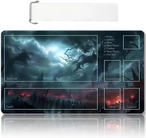 Vista 15 de Tapete de juego MTG cosido de alta calidad con zonas y respaldo de goma antideslizante, tapete de juego TCG para MTG y otros juegos de cartas, Dkt