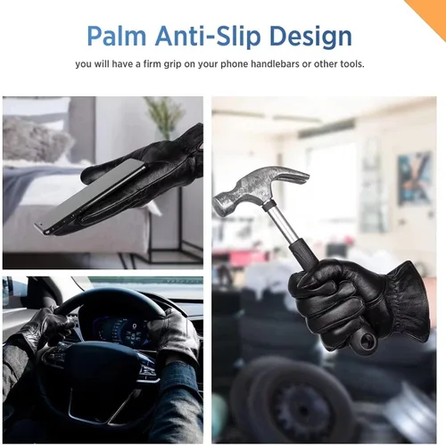 Vista 5 de Alepo Genuine Sheepskin Leather Gloves for Men, Winter Warm Touchscreen Texting Cashmere Lined Driving Motorcycle Gloves Militar