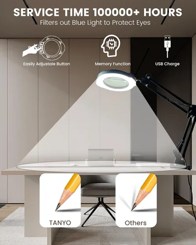 Vista 4 de TANYO 10X Magnifying Glass with Light, LED Magnifier Light with Clamp 5 Color Modes, Stepless Dimmable, Real Glass Lens, Hands Free, Close Work