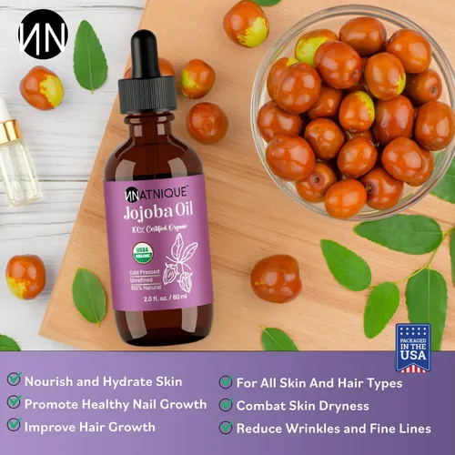 Vista 3 de Natnique Aceite de jojoba orgánico, cepillo incluido, certificado USDA, prensado en frío, sin refinar y sin hexano, hidratante puro para cabello