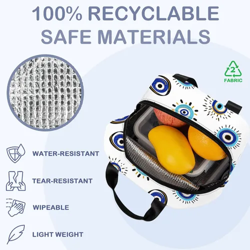 Vista 3 de Lonchera con aislamiento de ojo malvado azul para niñas y niños, lonchera reutilizable para niños, adultos, escuela, estudiantes, trabajo, picnic
