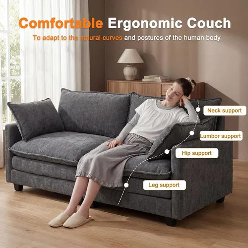 Vista 5 de Juego de sofá de 77" de chenilla en forma de nube con cojines, sofá cama de asiento profundo para apartamentos, 2 plazas que ahorra espacio con Gris