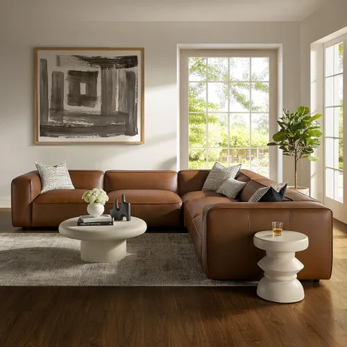 Vista 10 de Modway Auren Sofá modular de cuero vegano de 5 piezas en color camello – Piel sintética en forma de L – Cómodo sofá moderno de piel sintética – Sofá