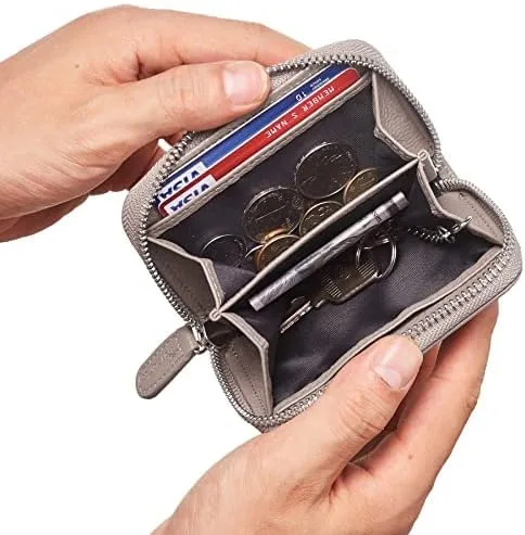 Vista 4 de Travelambo Cartera pequeña de cuero genuino con cremallera YKK, Greige