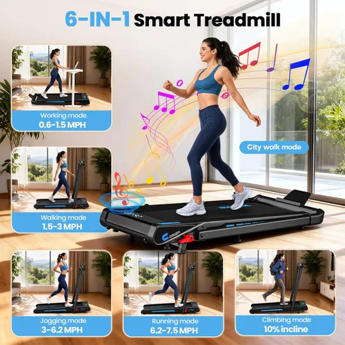 Vista 2 de Cinta de correr con altavoz, caminadora plegable 6 en 1 de 7.5 MPH para el hogar con aplicación compatible, almohadilla para caminar con 10%