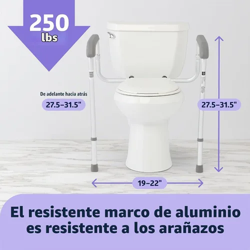 Vista 3 de Riel de seguridad plegable para inodoro con altura ajustable, ajuste universal para asientos estándar o elevados, marco de aluminio, reposabrazos
