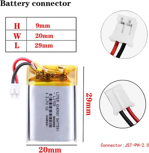 Vista 2 de Liter 3.7V 550mAh 902030 Lipo Batería recargable de iones de polímero de litio con conector JST 0.079 in