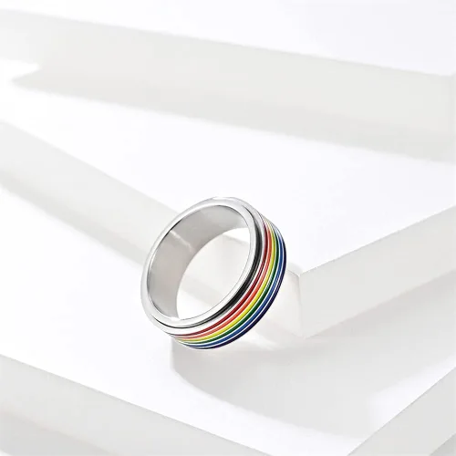 Vista 2 de Rotatable Rainbow Stripe LGBT Pride Band Ring for Women Men Teen Girls Couples Bff Anti Anxiety Stress Relief Fidget Spinner Ring Stainless Steel