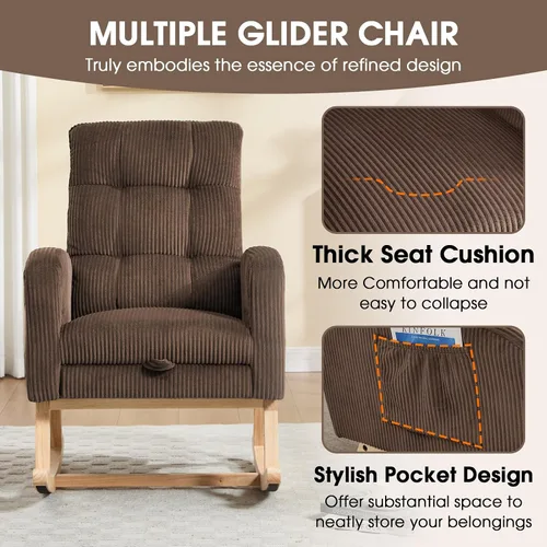 Vista 7 de NIOIIKIT Mecedora para guardería, mecedora tapizada de pana con reposapiés ajustable, silla mecedora copetuda con bolsillo lateral, mecedora