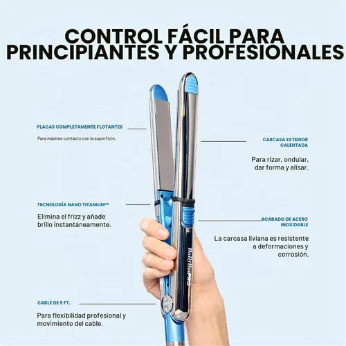 Vista 5 de BaBylissPRO Nano Titanium Prima Ionic Hair Straightener - Plancha plana profesional y rizador en uno para estilistas, herramienta de peinado Azul