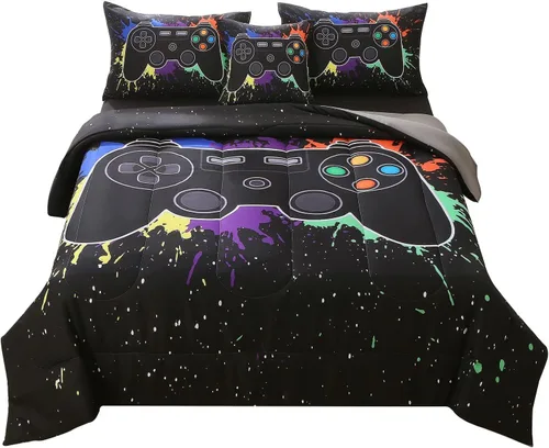 Vista 24 de JQinHome - Juego de edredón Gamer individual para niños y niñas, juego de cama en una bolsa de 6 piezas con diseño de videojuego 3D - Juego de ropa