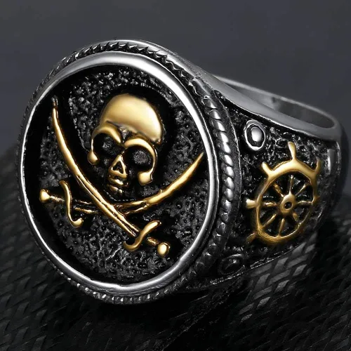 Vista 3 de Jude Jewelers Anillo de acero inoxidable antiguo con diseño de calavera pirata para Halloween, cóctel, fiesta, motociclista