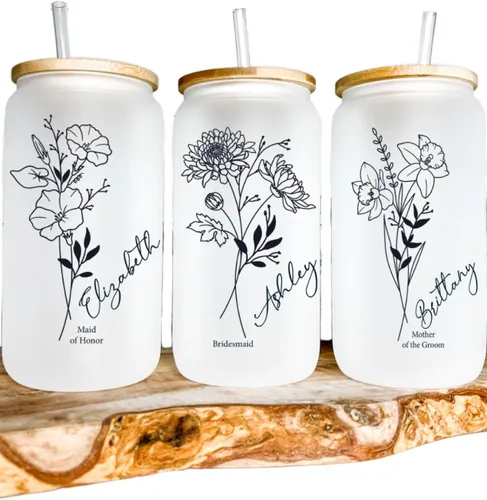 Vista 7 de Juego de vasos de cristal personalizados con pajita, regalo de Navidad, diseño personalizado con tu nombre y título, regalo de dama de honor
