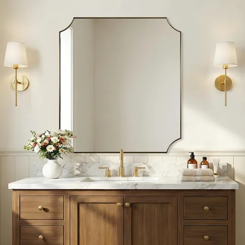 Vista 12 de ANDY STAR Espejo de baño de bronce cepillado, espejo festoneado de 24 x 36 pulgadas para baño, espejo rectangular de bronce antiguo con marco