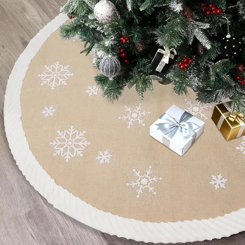 Vista 7 de AerWo Falda de árbol de Navidad de 48 pulgadas con copo de nieve blanco, falda de árbol de arpillera con lados de piel, faldas de árbol de Navidad