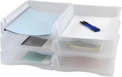 Vista 7 de 6 paquetes de bandejas de papel apilables A4, bandeja de plástico transparente para cartas de escritorio