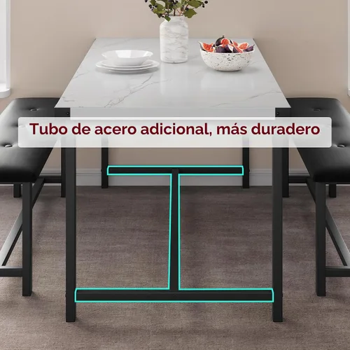 Vista 4 de IDEALHOUSE Juego de mesa de comedor para 4, mesa de cocina con 2 bancos tapizados, juego de mesa de comedor rectangular, juego de mesa de cocina