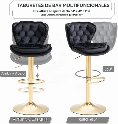Vista 6 de Juego de 2 taburetes de bar, taburetes de bar de terciopelo ajustables en altura de mostrador, sillas de bar giratorias para comedor, taburete