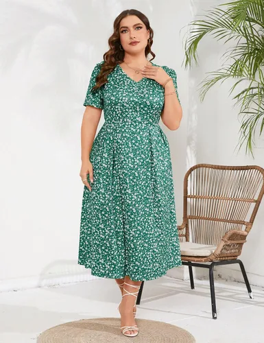 Vista 5 de Vestido largo de verano para mujer, casual, bohemio, floral, cintura imperio, talla grande, vestido fluido, vestidos de talla grande para mujeres