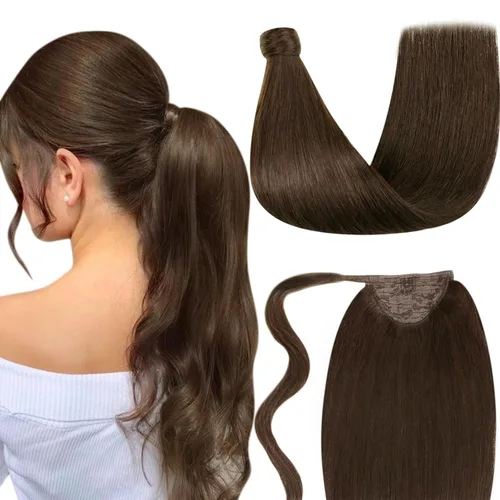 Vista 11 de LaaVoo Extensión de cola de caballo de cabello humano marrón para mujer, extensiones de cola de caballo marrón oscuro, extensiones de cabello humano