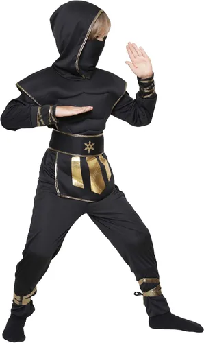 Vista 4 de Conjunto de disfraz de ninja para niños, disfraz muscular de ninja para niños, disfraz de lujo
