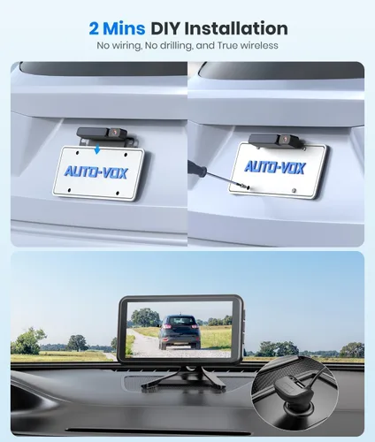 Vista 2 de AUTO-VOX Cámara de respaldo inalámbrica solar con monitor de 5" 1080P: Batería de 5000mAh, 2 minutos de instalación DIY y 2 cámaras de respaldo