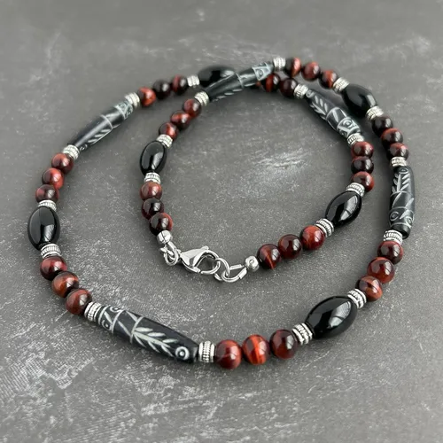 Vista 3 de Mami's Gem Studio Collar de estilo tribal para hombre, cuentas con hueso tallado, ónix negro y piedras preciosas, hecho a mano en Estados Unidos