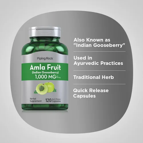 Vista 4 de Piping Rock Amla Cápsulas 1000mg 120 pastillas Suplemento de extracto de fruta Sin OMG, sin gluten