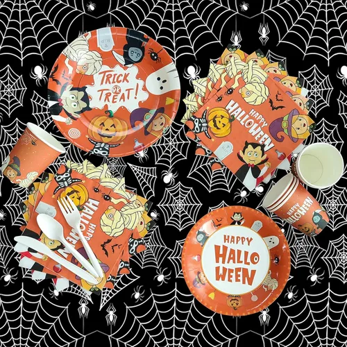 Vista 4 de ATFUNSHOP Mantel de plástico de Halloween, 4 unidades, 54 x 108 pulgadas, mantel rectangular desechable, tela de araña negra, impermeable, a prueba