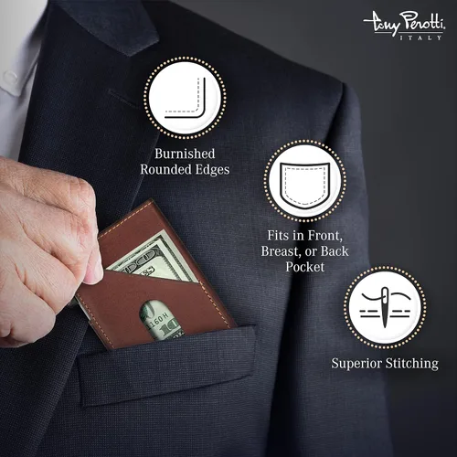 Vista 4 de Tony Perotti Cartera de piel italiana para hombre, diseño delgado con control deslizante de tarjetas emergentes de acceso rápido, cartera ecológica