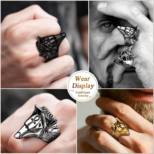 Vista 9 de FaithHeart Anubis - Anillos para hombres y mujeres, joyería de acero inoxidable resistente, anillo de amuleto de cruz Ankh, embalaje delicado, Acero