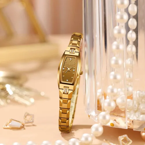 Vista 5 de OLEVS Reloj delgado para mujer correa de acero de tungsteno de oro rosa diseño Tonneau forma cuadrada con forma de diamante cuarzo para mujer reloj