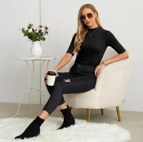 Vista 5 de PrinStory Camisetas de manga corta para mujer, para otoño, de negocios, elegantes, casuales, sin botones, a la moda 2023
