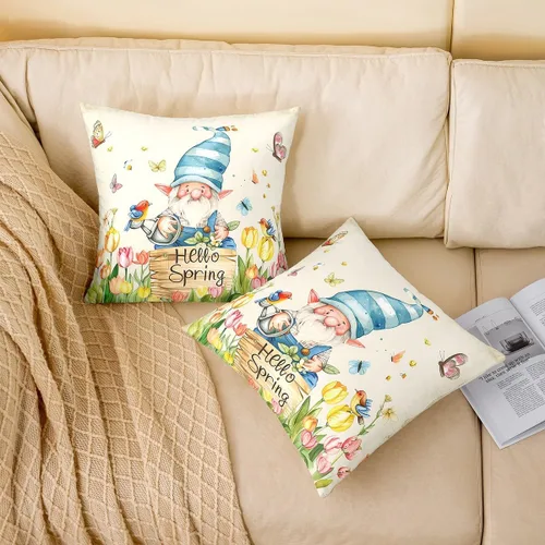 Vista 2 de Fundas de almohada de gnomo de tulipán, fundas de almohada florales de mariposa para sofá de cama del hogar, fundas de almohada cuadradas