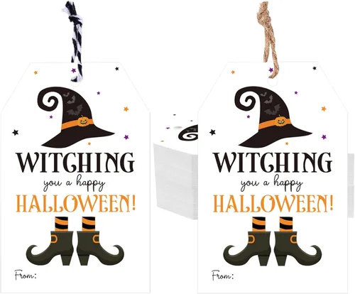 Vista 11 de jijAcraft Etiquetas de Halloween con cuerda, 50 etiquetas de regalo de papel de feliz Halloween, 3.3 x 2.1 pulgadas, diseño de fantasma rosa, un