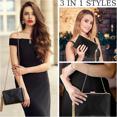 Vista 6 de Quelay Juego de 4 piezas de bolso de mano de satén para mujer, bolso de noche para banquete de boda, bolso de mano, collar vintage, aretes, juego