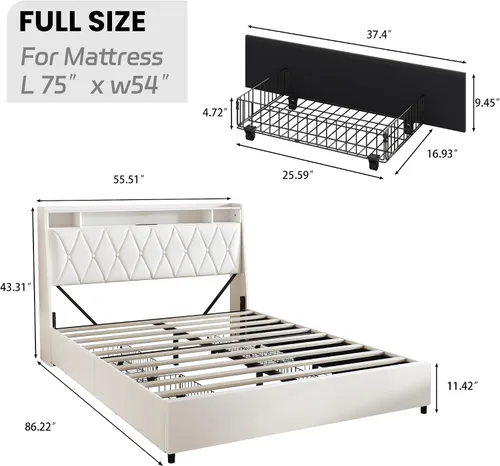 Vista 2 de Base de cama Queen con cabecera ergonómica, base de cama de plataforma tamaño Queen con tomas de corriente y cargador, marco de cama de metal