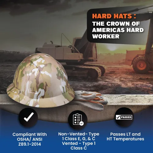 Vista 5 de Casco de construcción OSHA de ala completa con diseño camuflaje ventilado de acabado mate, suspensión de 6 puntos