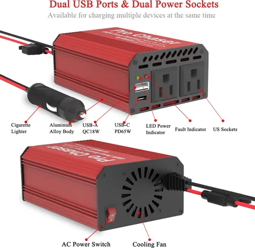 Vista 4 de Pro Chaser - Inversor de corriente para vehículo de 400 W - Convertidor de 12 V CC a 110 V CA para coche, con dos salidas de CA, puertos USB-A QC