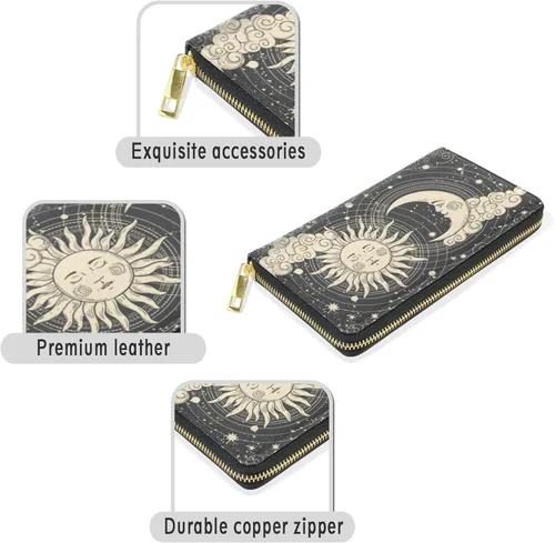 Vista 3 de Cartera larga para mujer, monedero con cremallera, cartera de cuero, Astrología Tarot Goth, Gótico
