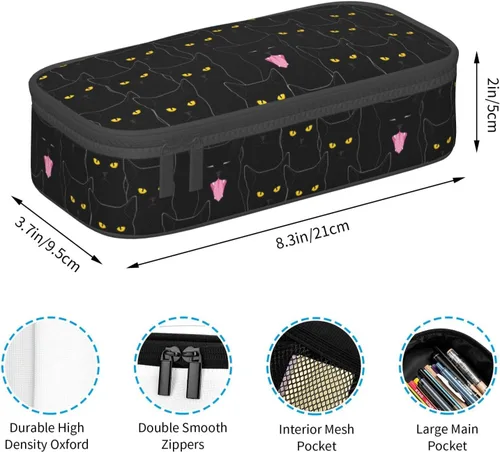 Vista 5 de Estuche organizador de lápices con patrón de gato negro, gran capacidad, papelería con cremallera, suministros escolares, bolsa para lápices