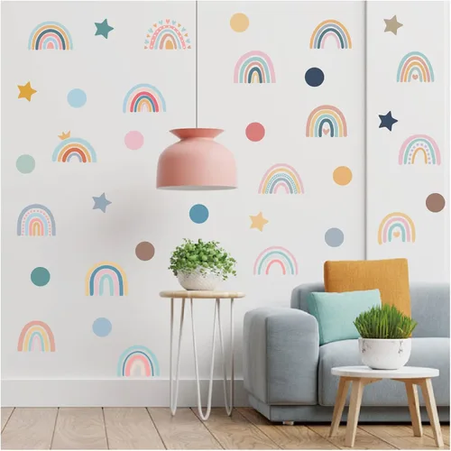 Vista 2 de Calcomanías de pared de arco iris para habitación de niños, 76 piezas extraíbles de despegar y pegar, calcomanías de pared boho de estrellas