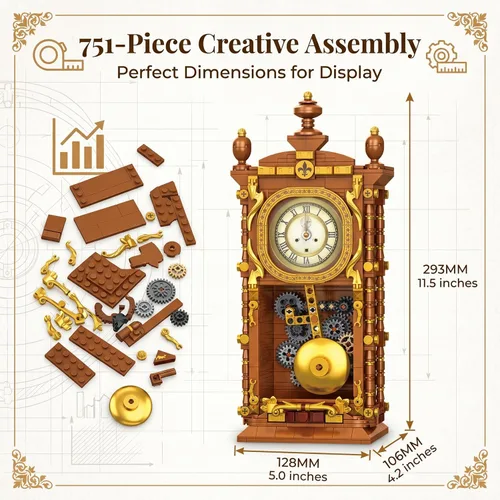 Vista 6 de Juego de construcción de reloj oscilante retro vintage, relojes de péndulo, juguetes de bloques de construcción con kit de modelo mecánico funcional