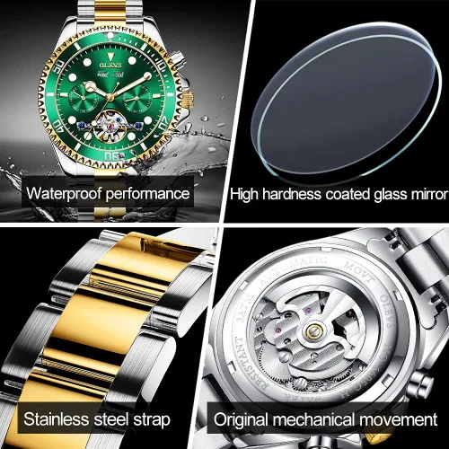 Vista 6 de OLEVS Reloj de pulsera mecánico automático Tourbillon esqueleto impermeable luminoso con fecha para hombre