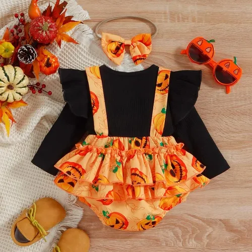 Vista 3 de Trajes de Halloween para bebé recién nacida camiseta de manga larga con volantes de calabaza camiseta con tirantes cortos mameluco para otoño