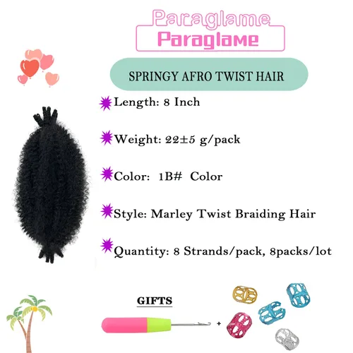 Vista 3 de Extensiones de cabello trenzado con resorte Marley Twist de 8 pulgadas, paquete de 8 para niños, cabello rizado y trenzado kinky, locs suaves