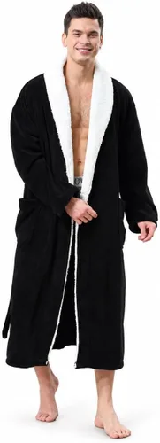 Vista 25 de KEMUSI Bata suave tipo herringbone con capucha para hombre, bata de spa de longitud completa, cómoda y cálida de noche Negro