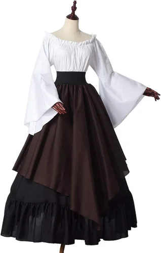 Vista 4 de BPURB Vestido medieval para mujer, disfraz renacentista (parte superior, falda y enagua)