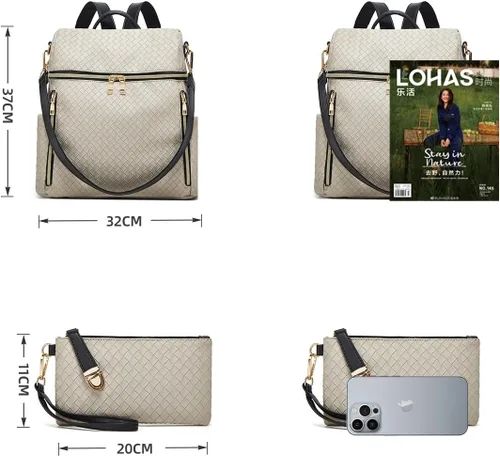 Vista 6 de Makes Mochila para mujer, de piel sintética, bolsa de viaje con diseño convertible con monedero, 2 piezas