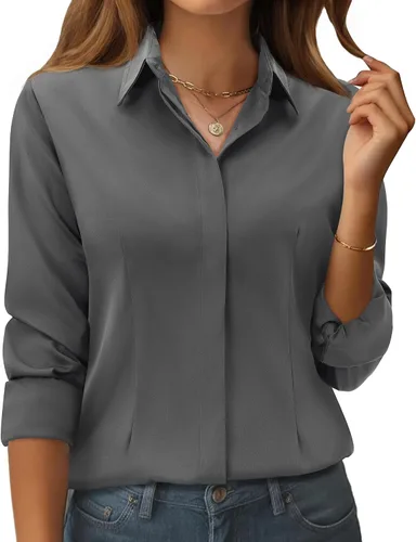Vista 10 de siliteelon Camisas con botones para mujer: ajuste clásico, resistente a las manchas, manga larga, sin arrugas, oficina de negocios